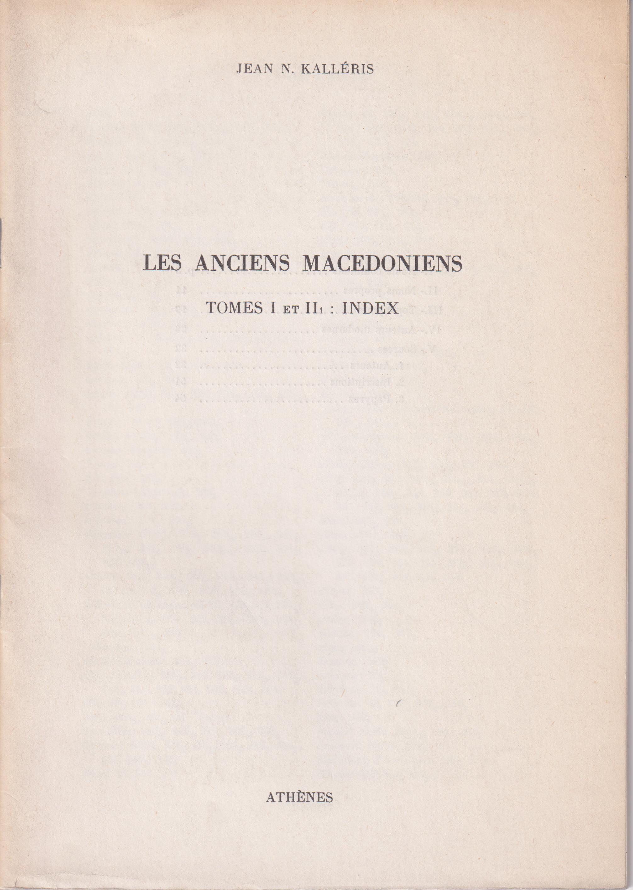Les anciens Macedoniens. Tomes I et II: Index